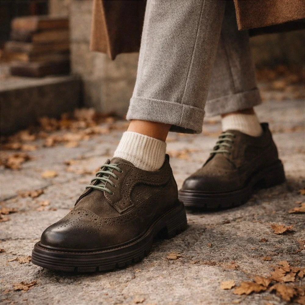 L'Angolo Calzature Chunky Lug Sole Leather‎ Brogue Oxford Dark Academia Shoes 41